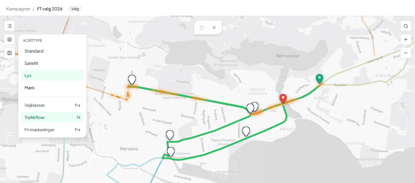 Kortvisning med ruter og markørstatus